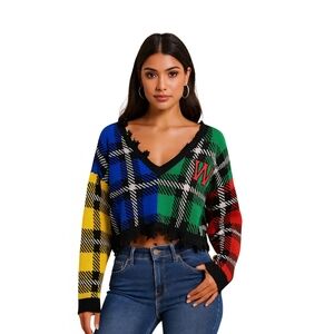 Women's Multicolor Plaid V-Neck Sweater